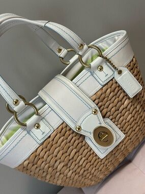 Coach White Leather Trimmed Straw Basket Beach Bag